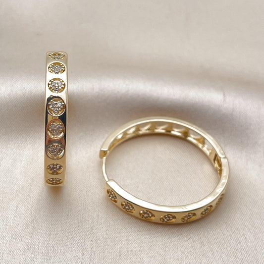 Oro Laminado Huggie Hoop, Gold Filled Style Heart Design, with White Micro Pave, Polished, Golden Finish