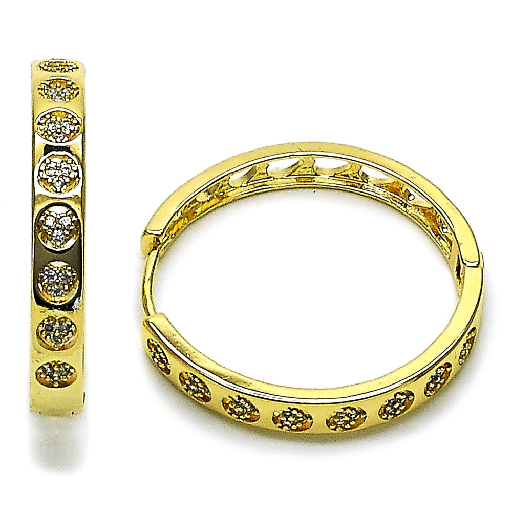 Oro Laminado Huggie Hoop, Gold Filled Style Heart Design, with White Micro Pave, Polished, Golden Finish