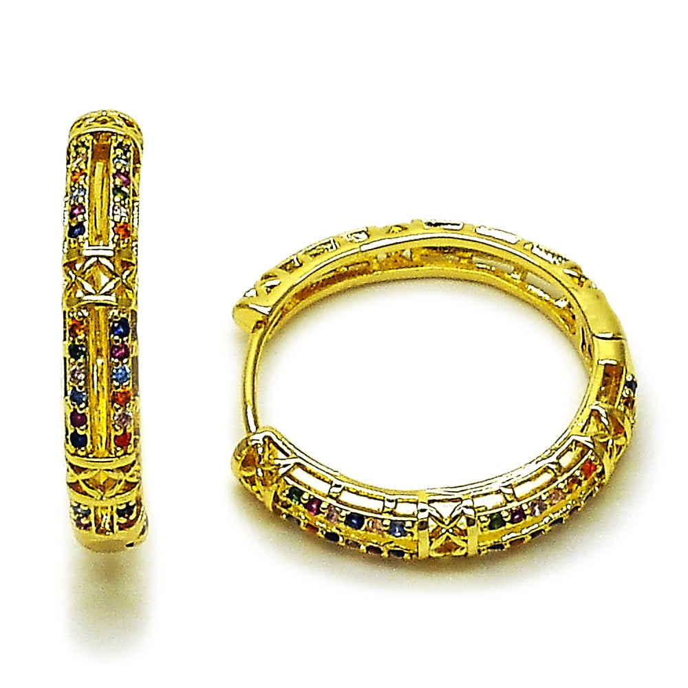 Oro Laminado Huggie Hoop, Gold Filled Style with Multicolor Micro Pave, Polished, Golden Finish