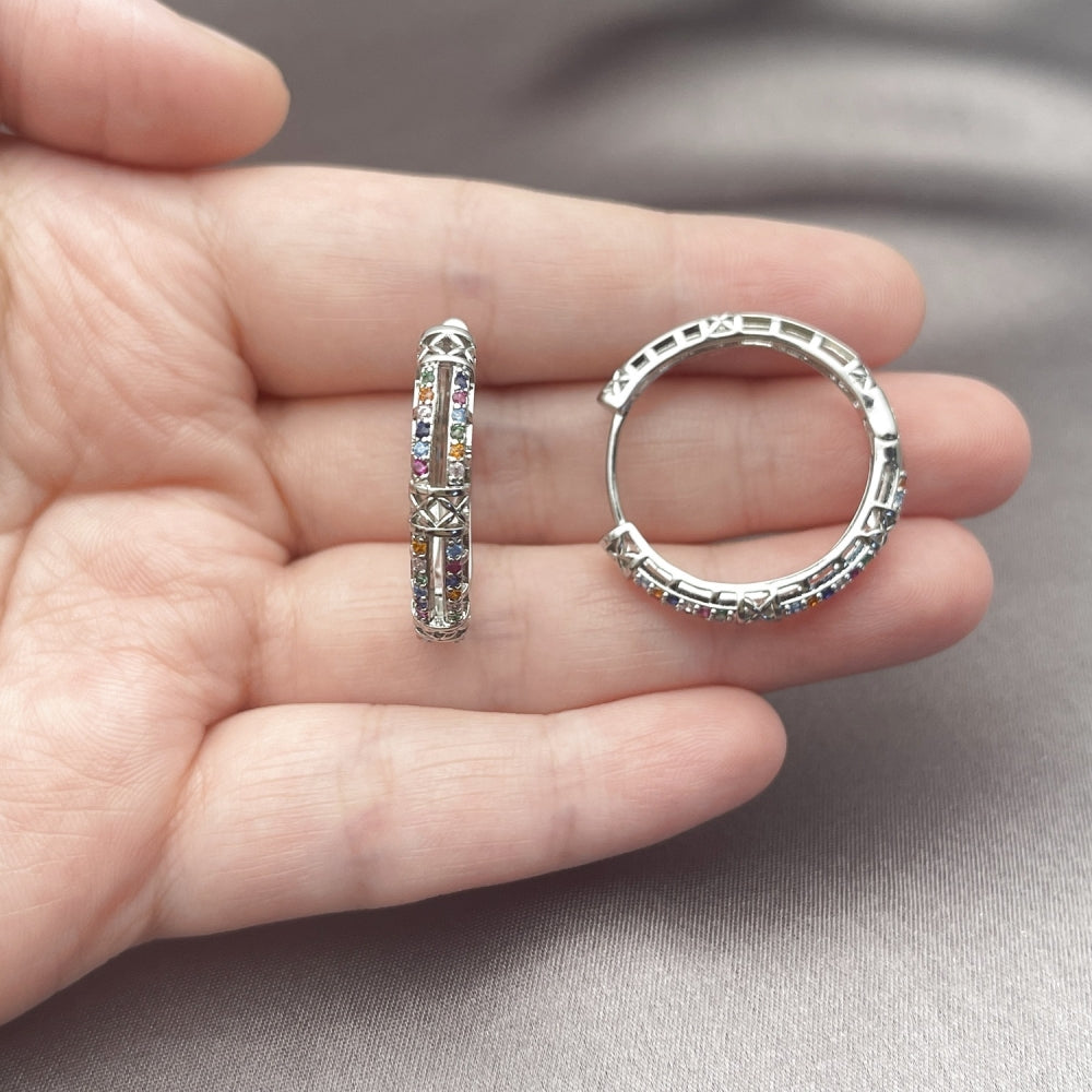 White Gold Filled Huggie Hoop, with Multicolor Micro Pave, Polished, Rhodium Finish