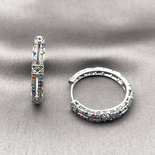 Rhodium Gold Filled Huggie Hoop, with Multicolor Micro Pave, Polished, Rhodium Finish