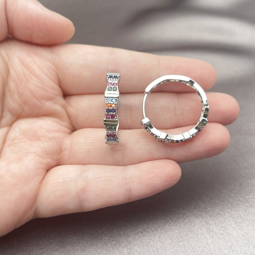 White Gold Filled Huggie Hoop, with Multicolor Micro Pave, Polished, Rhodium Finish