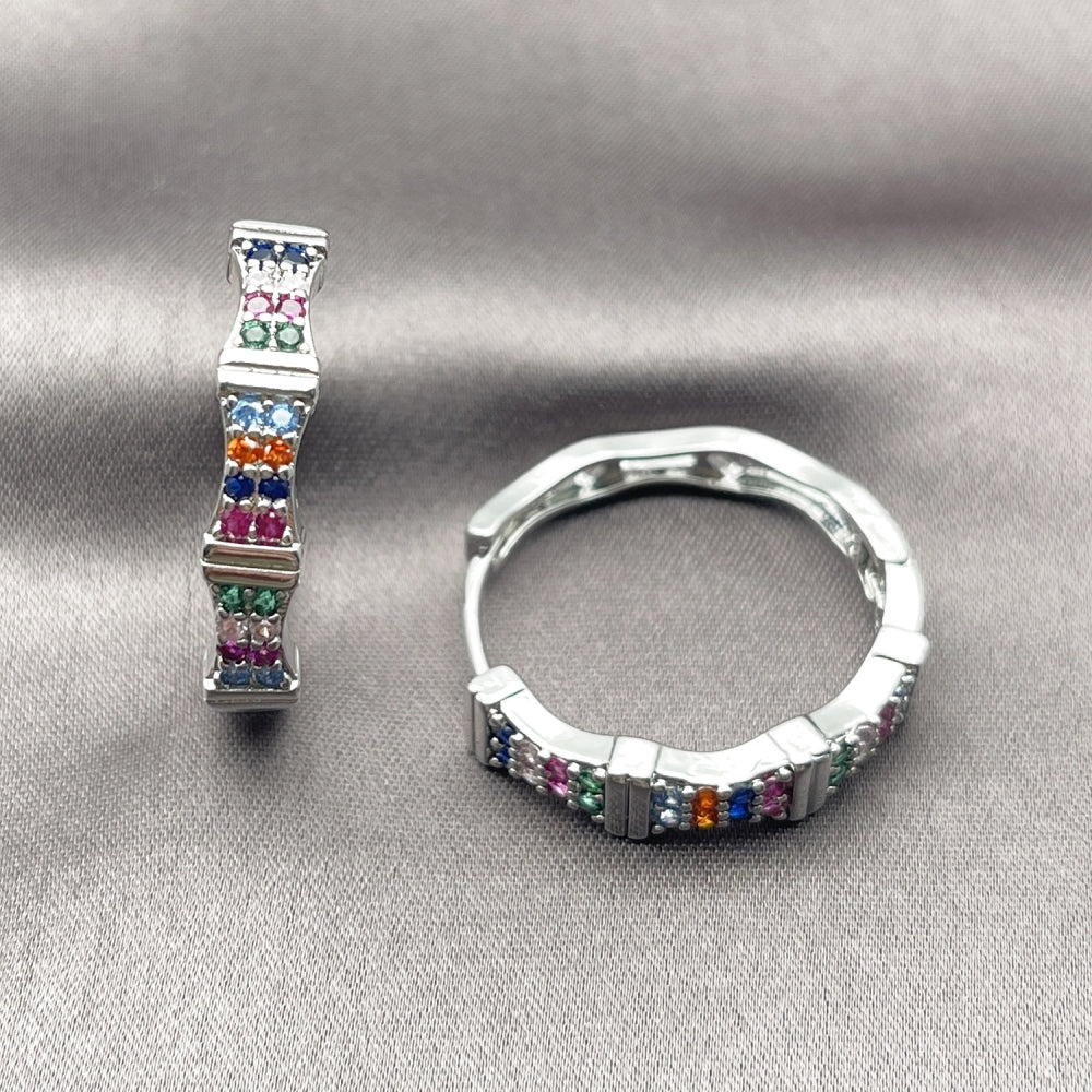 White Gold Filled Huggie Hoop, with Multicolor Micro Pave, Polished, Rhodium Finish