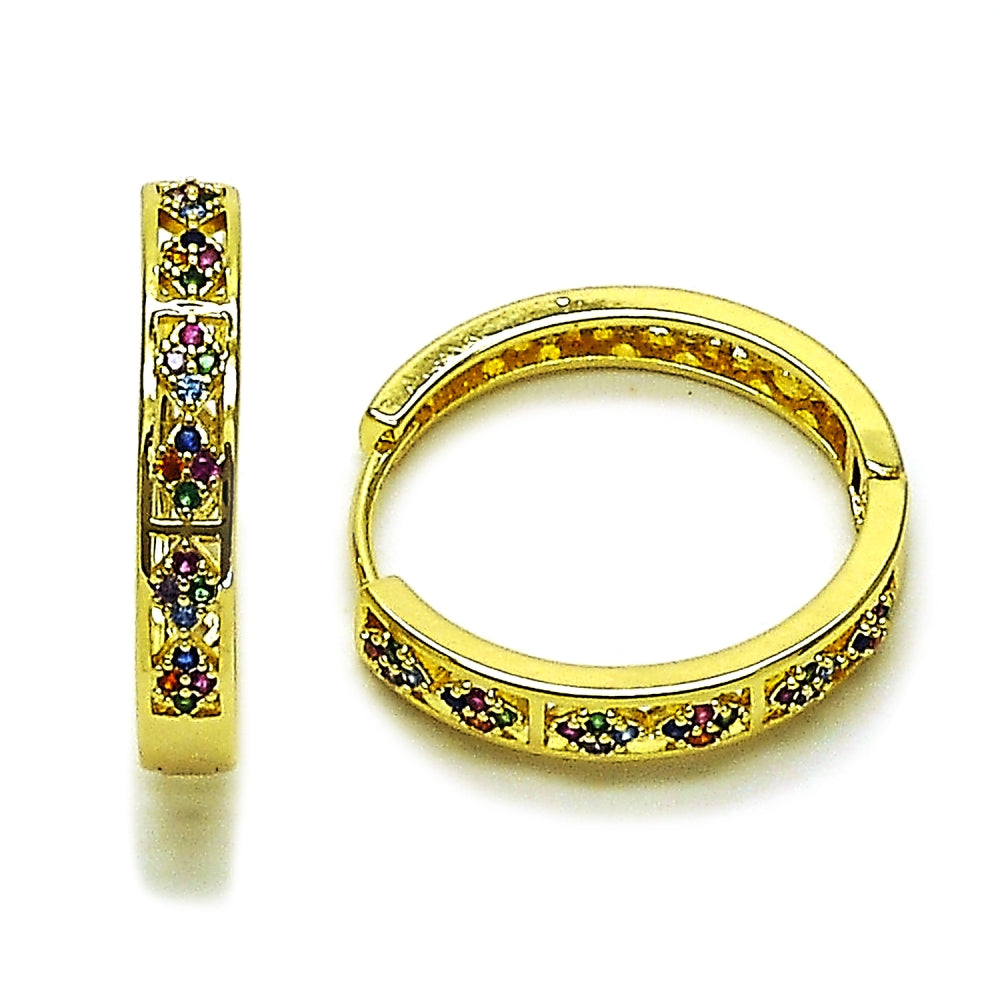 Oro Laminado Huggie Hoop, Gold Filled Style with Multicolor Micro Pave, Polished, Golden Finish