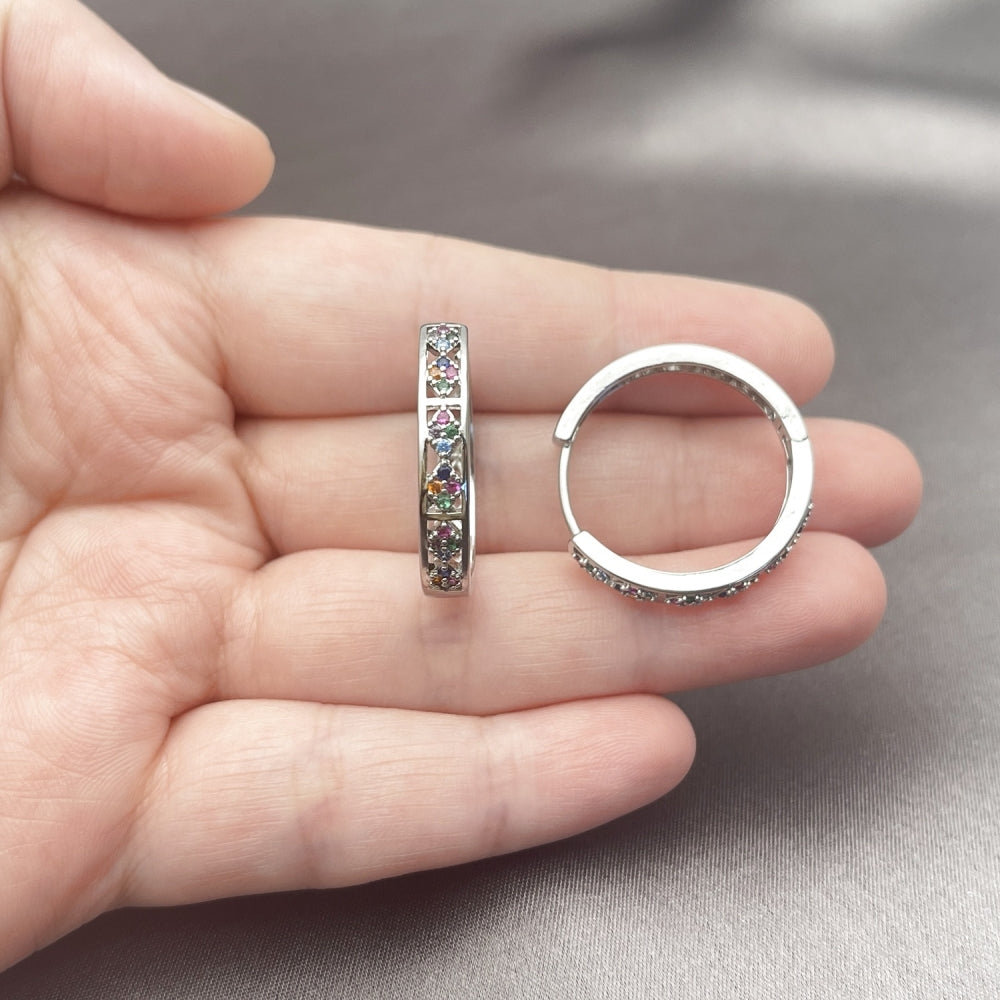 White Gold Filled Huggie Hoop, with Multicolor Micro Pave, Polished, Rhodium Finish