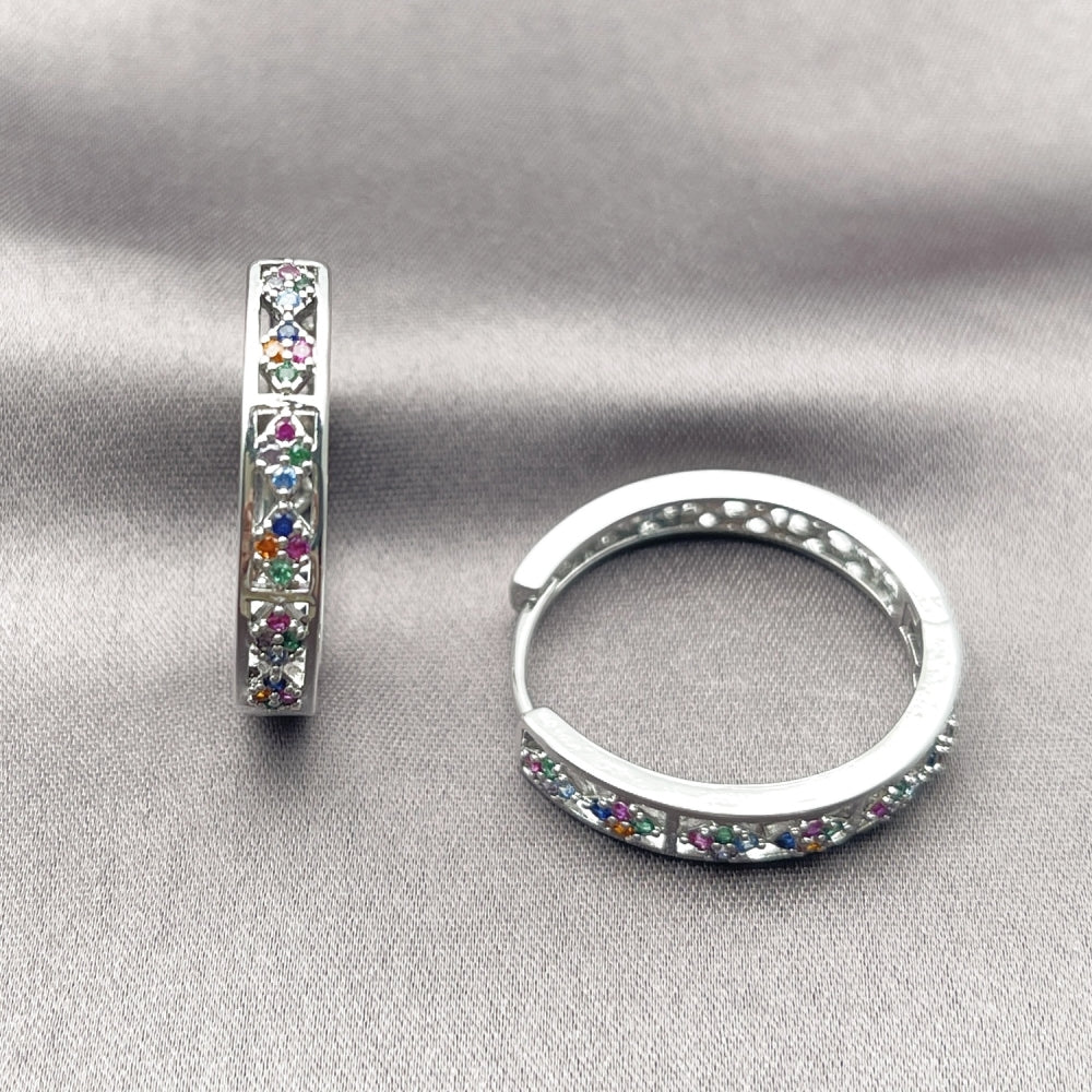 White Gold Filled Huggie Hoop, with Multicolor Micro Pave, Polished, Rhodium Finish