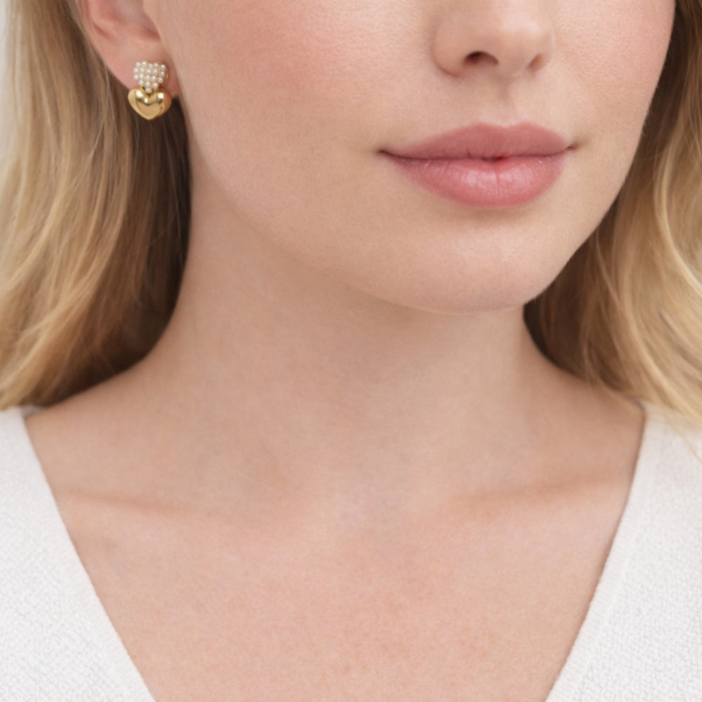 Oro Laminado Stud Earring, Gold Filled Style Heart Design, with Ivory Pearl, Polished, Golden Finish