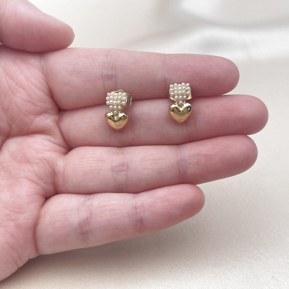 Oro Laminado Stud Earring, Gold Filled Style Heart Design, with Ivory Pearl, Polished, Golden Finish