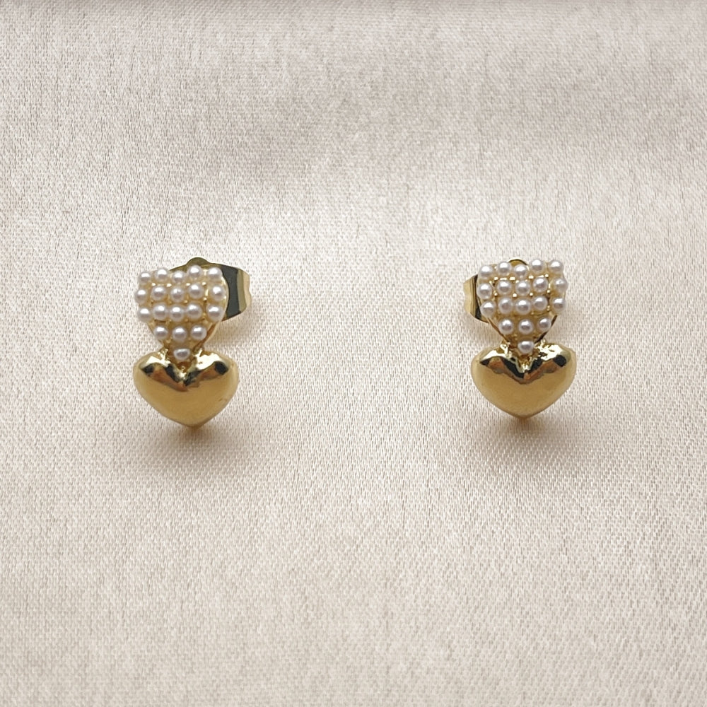 Oro Laminado Stud Earring, Gold Filled Style Heart Design, with Ivory Pearl, Polished, Golden Finish