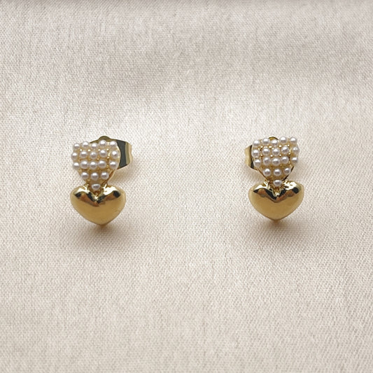 Oro Laminado Stud Earring, Gold Filled Style Heart Design, with Ivory Pearl, Polished, Golden Finish