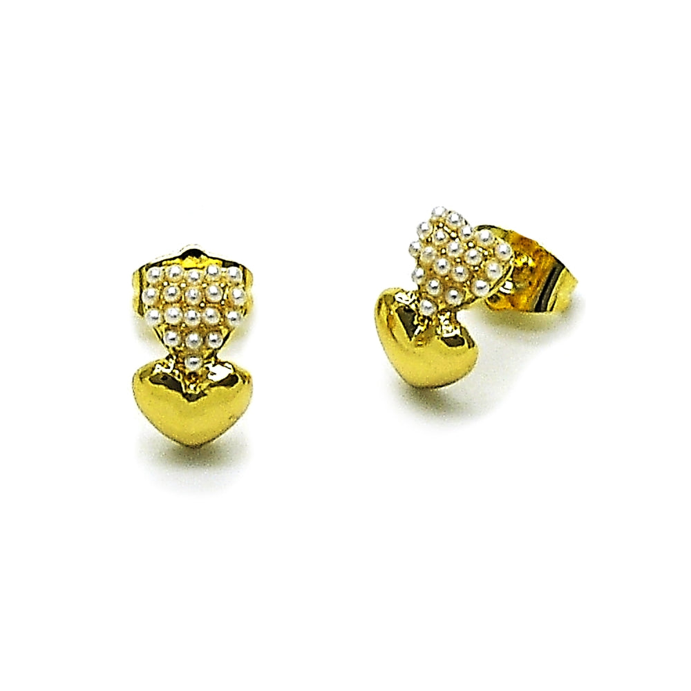 Oro Laminado Stud Earring, Gold Filled Style Heart Design, with Ivory Pearl, Polished, Golden Finish