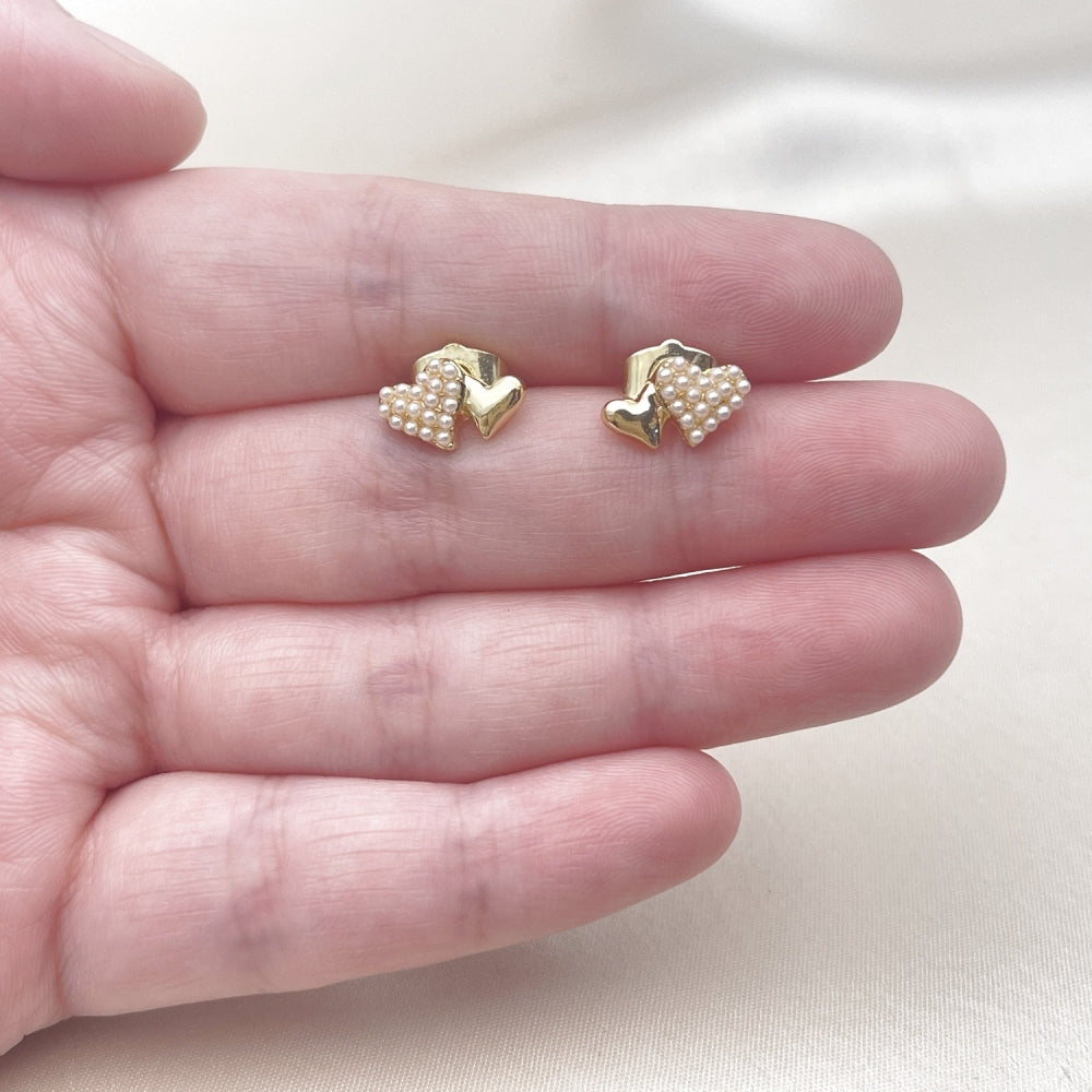 Oro Laminado Stud Earring, Gold Filled Style Heart Design, with Ivory Pearl, Polished, Golden Finish