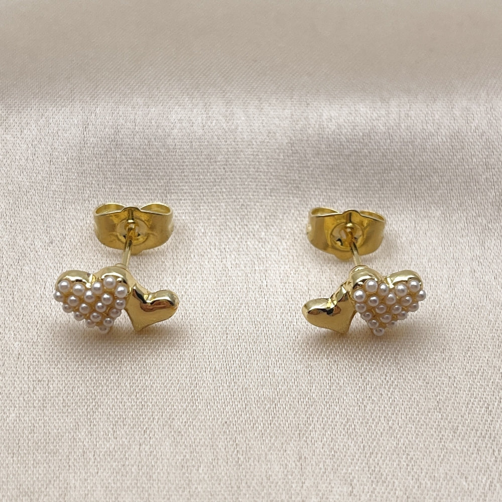 Oro Laminado Stud Earring, Gold Filled Style Heart Design, with Ivory Pearl, Polished, Golden Finish