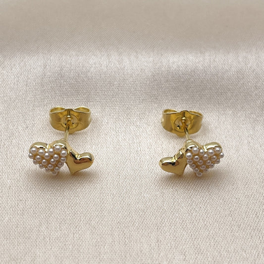 Oro Laminado Stud Earring, Gold Filled Style Heart Design, with Ivory Pearl, Polished, Golden Finish