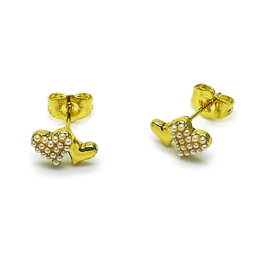 Oro Laminado Stud Earring, Gold Filled Style Heart Design, with Ivory Pearl, Polished, Golden Finish