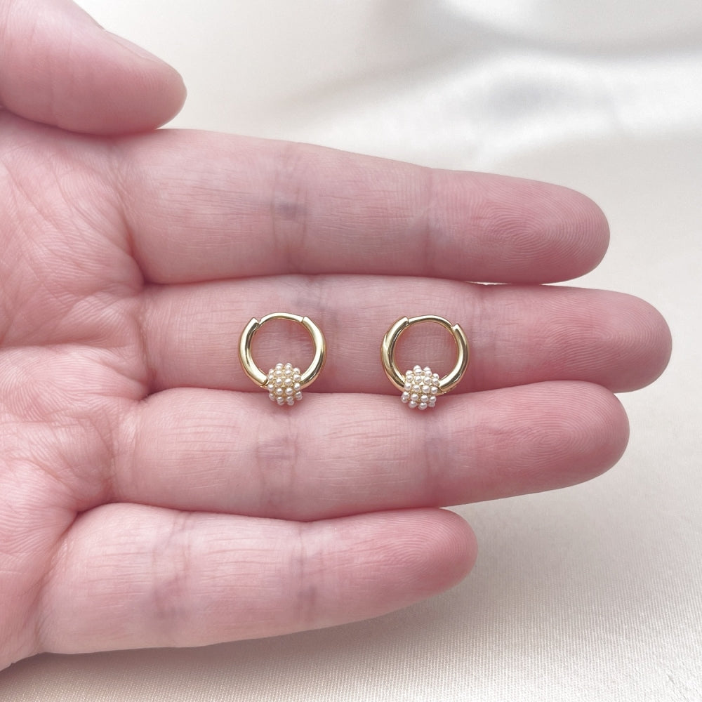 Oro Laminado Huggie Hoop, Gold Filled Style Ball Design, with Ivory Pearl, Polished, Golden Finish
