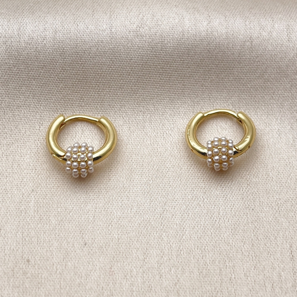 Oro Laminado Huggie Hoop, Gold Filled Style Ball Design, with Ivory Pearl, Polished, Golden Finish