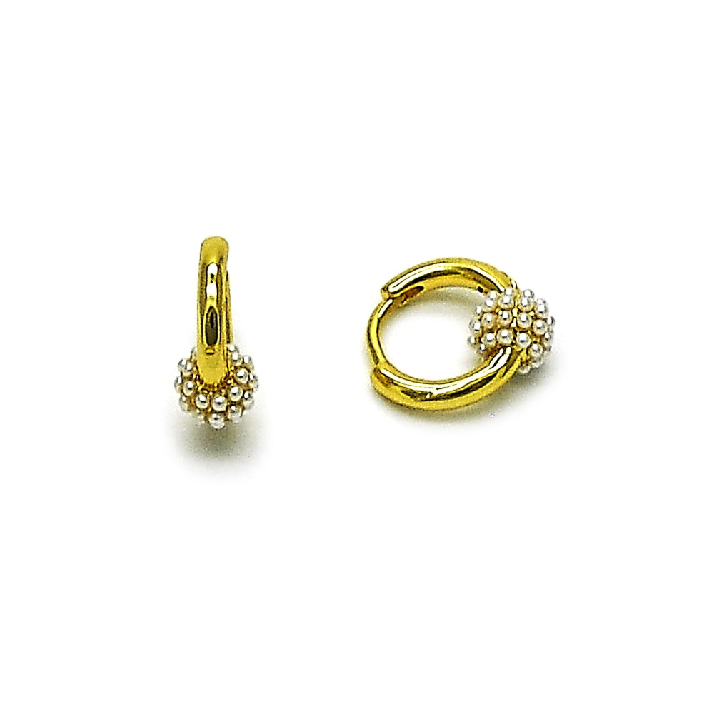 Oro Laminado Huggie Hoop, Gold Filled Style Ball Design, with Ivory Pearl, Polished, Golden Finish