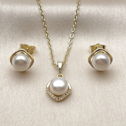 Oro Laminado Earring and Pendant Adult Set, Gold Filled Style Cluster Design, with Ivory Pearl and White Micro Pave, Polished, Golden Finish