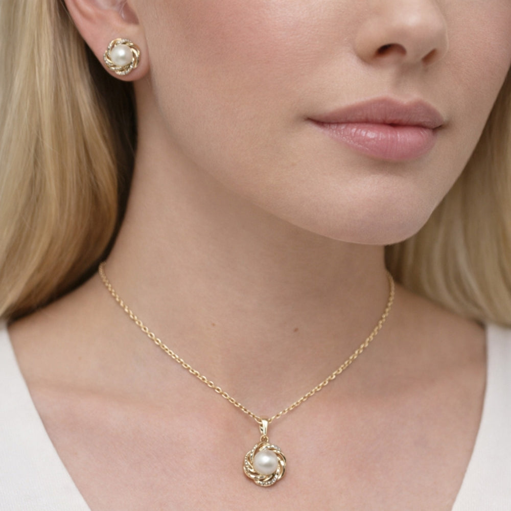 Oro Laminado Earring and Pendant Adult Set, Gold Filled Style Flower Design, with Ivory Pearl and White Micro Pave, Polished, Golden Finish
