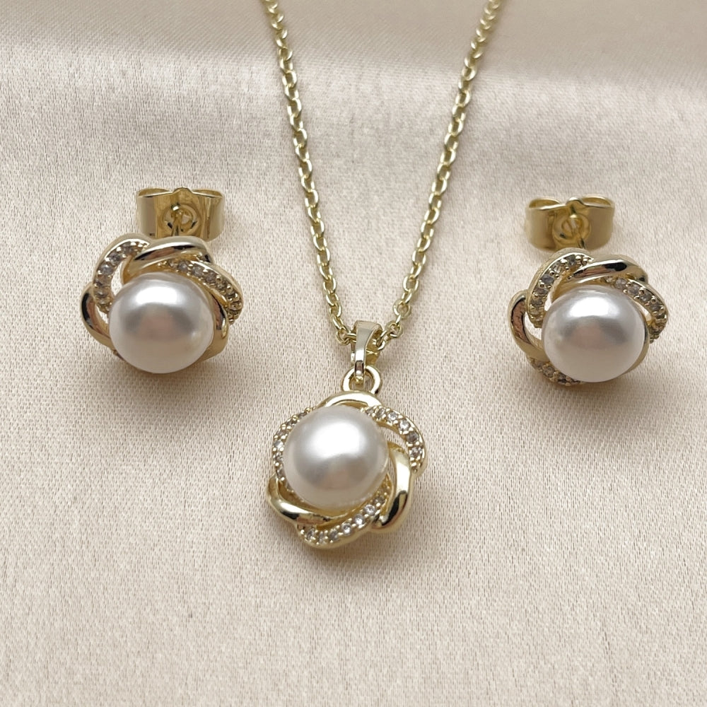 Oro Laminado Earring and Pendant Adult Set, Gold Filled Style Flower Design, with Ivory Pearl and White Micro Pave, Polished, Golden Finish