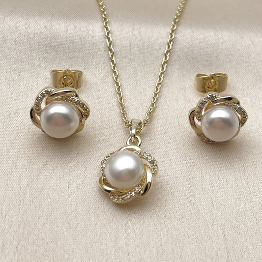 Oro Laminado Earring and Pendant Adult Set, Gold Filled Style Flower Design, with Ivory Pearl and White Micro Pave, Polished, Golden Finish