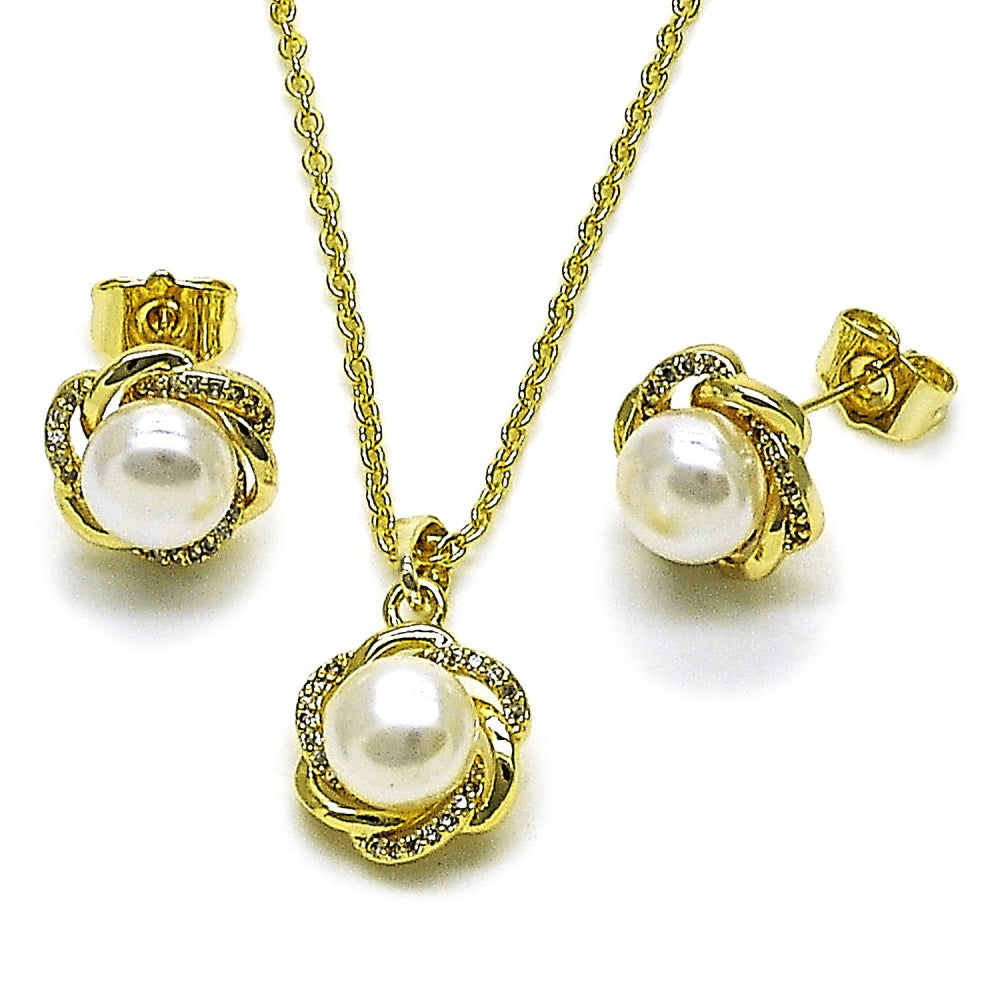 Oro Laminado Earring and Pendant Adult Set, Gold Filled Style Flower Design, with Ivory Pearl and White Micro Pave, Polished, Golden Finish