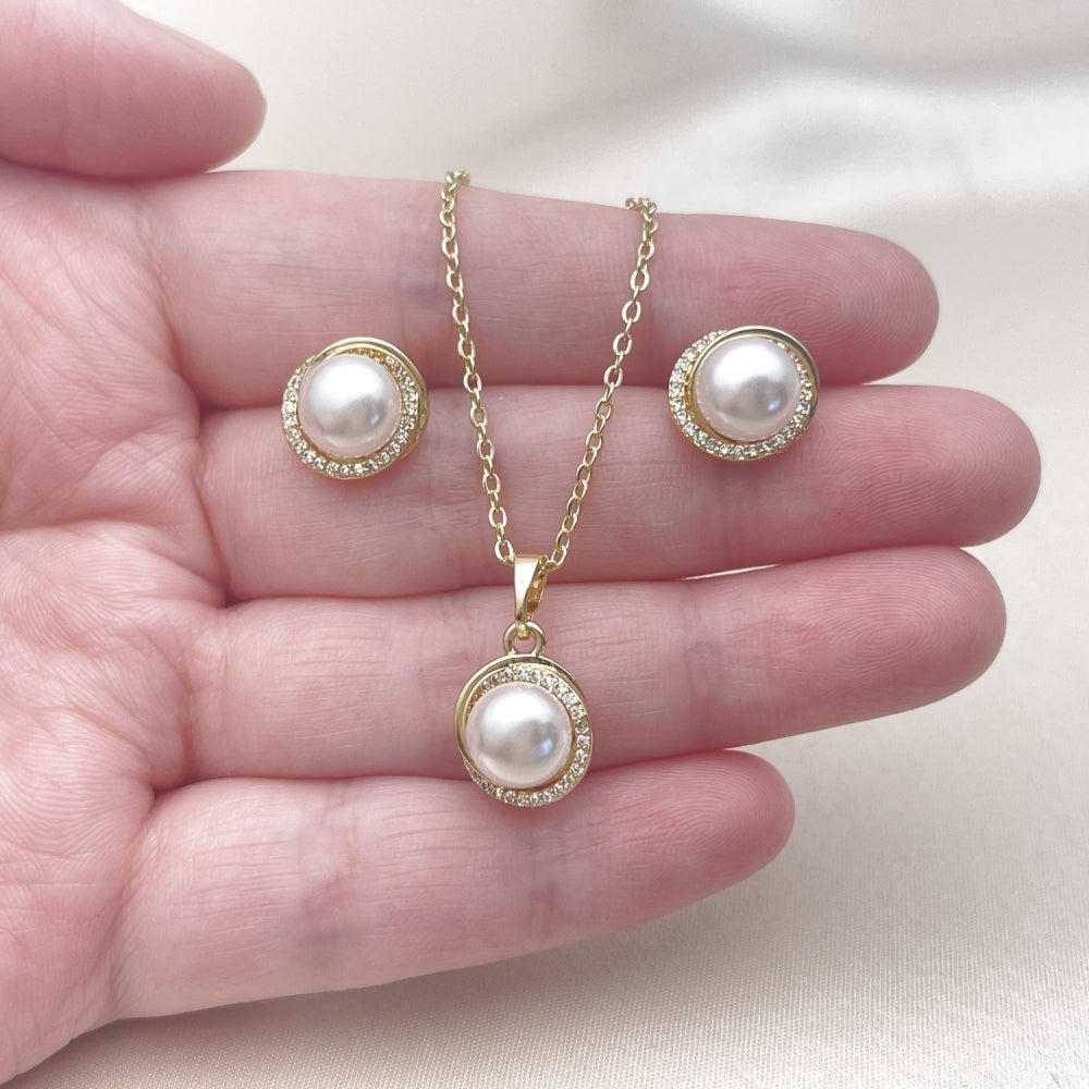 Oro Laminado Earring and Pendant Adult Set, Gold Filled Style Love Knot Design, with Ivory Pearl and White Micro Pave, Polished, Golden Finish