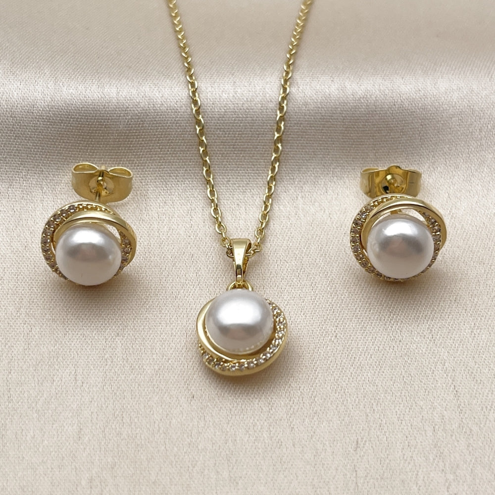 Oro Laminado Earring and Pendant Adult Set, Gold Filled Style Love Knot Design, with Ivory Pearl and White Micro Pave, Polished, Golden Finish