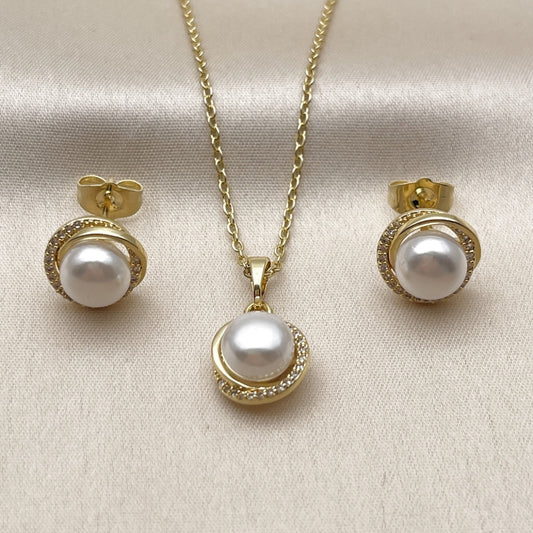 Oro Laminado Earring and Pendant Adult Set, Gold Filled Style Love Knot Design, with Ivory Pearl and White Micro Pave, Polished, Golden Finish