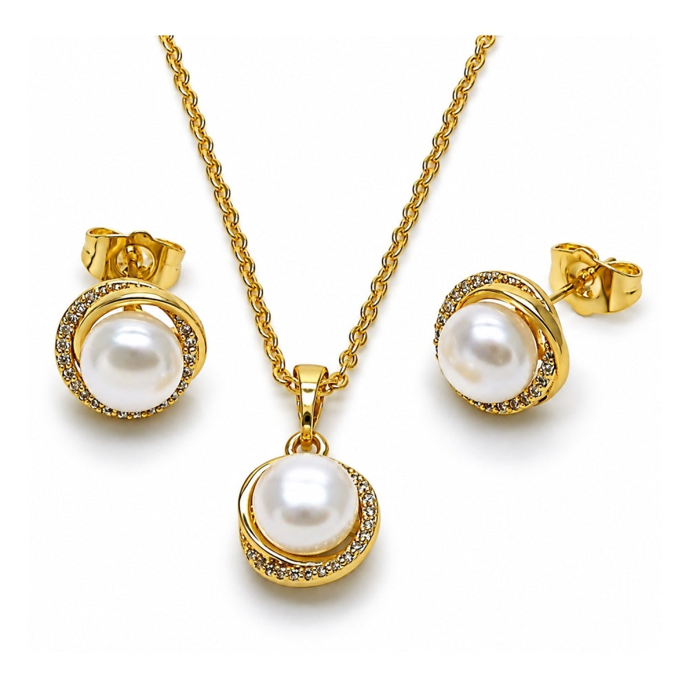 Oro Laminado Earring and Pendant Adult Set, Gold Filled Style Love Knot Design, with Ivory Pearl and White Micro Pave, Polished, Golden Finish