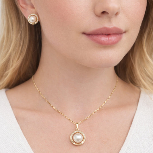 Oro Laminado Earring and Pendant Adult Set, Gold Filled Style Cluster Design, with Ivory Pearl and White Micro Pave, Polished, Golden Finish