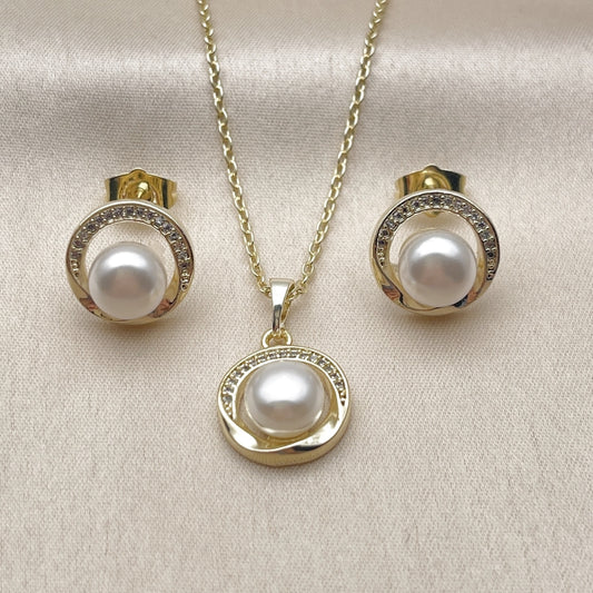 Oro Laminado Earring and Pendant Adult Set, Gold Filled Style Cluster Design, with Ivory Pearl and White Micro Pave, Polished, Golden Finish