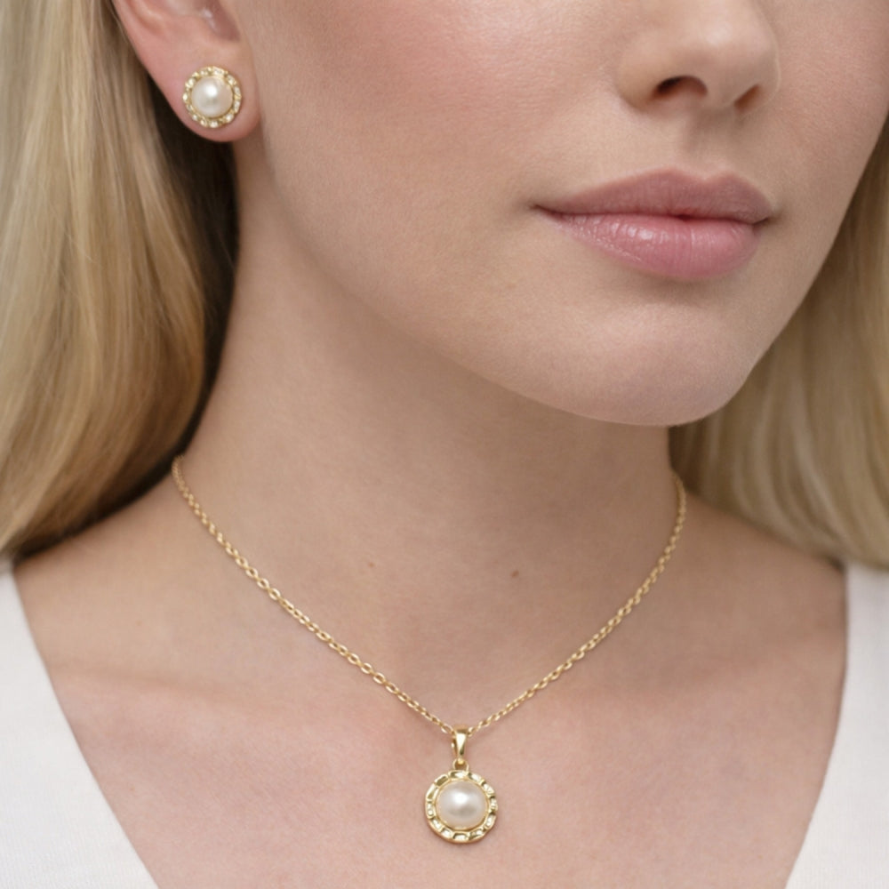 Oro Laminado Earring and Pendant Adult Set, Gold Filled Style Flower Design, with Ivory Pearl and White Micro Pave, Polished, Golden Finish