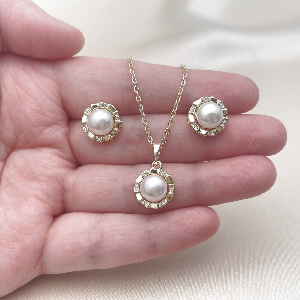 Oro Laminado Earring and Pendant Adult Set, Gold Filled Style Flower Design, with Ivory Pearl and White Micro Pave, Polished, Golden Finish