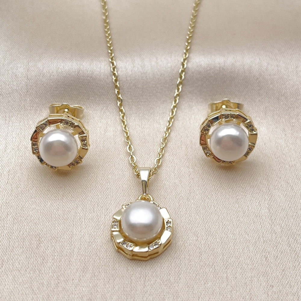 Oro Laminado Earring and Pendant Adult Set, Gold Filled Style Flower Design, with Ivory Pearl and White Micro Pave, Polished, Golden Finish