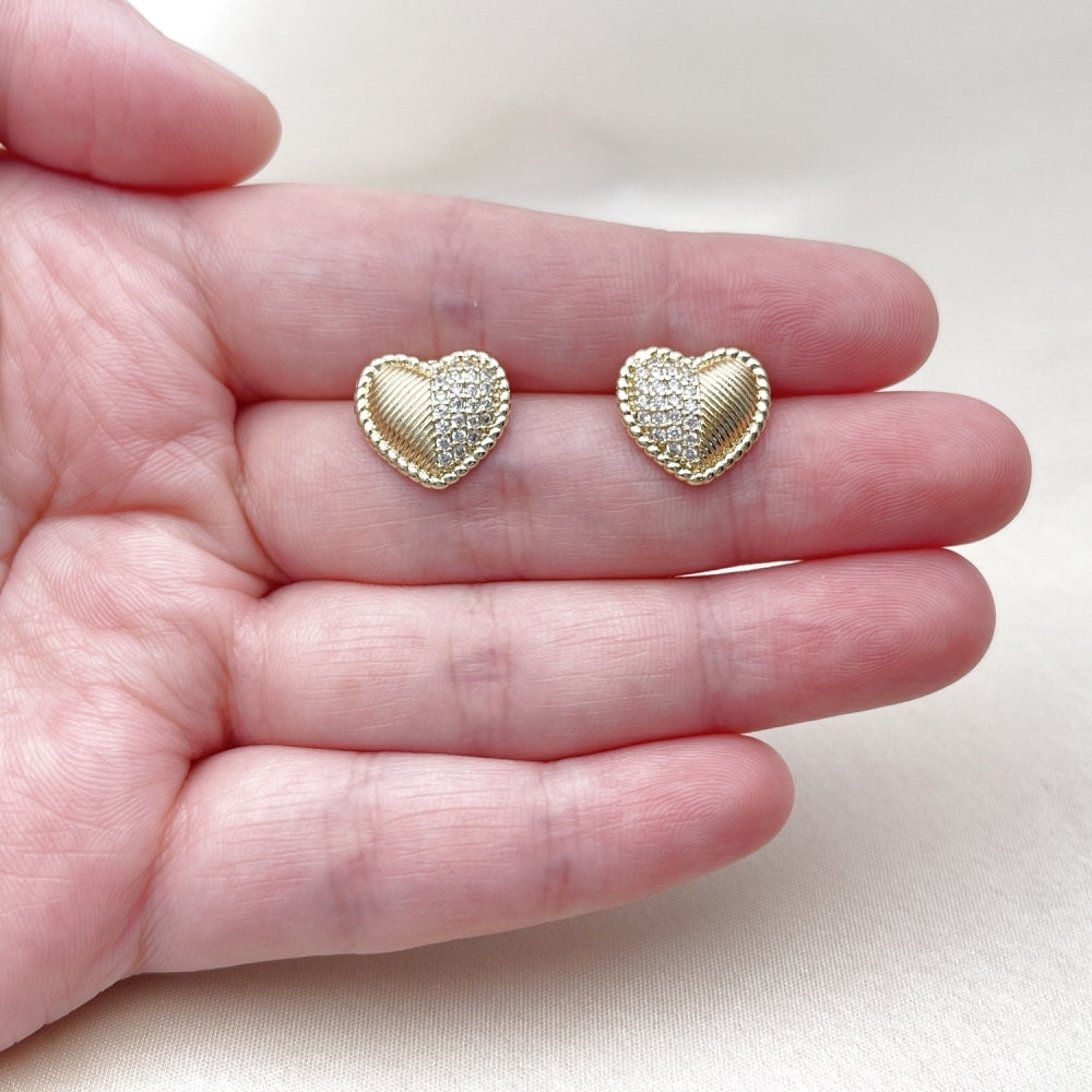 Oro Laminado Stud Earring, Gold Filled Style Heart Design, with White Cubic Zirconia, Polished, Golden Finish