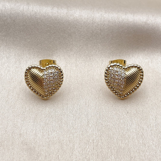 Oro Laminado Stud Earring, Gold Filled Style Heart Design, with White Cubic Zirconia, Polished, Golden Finish