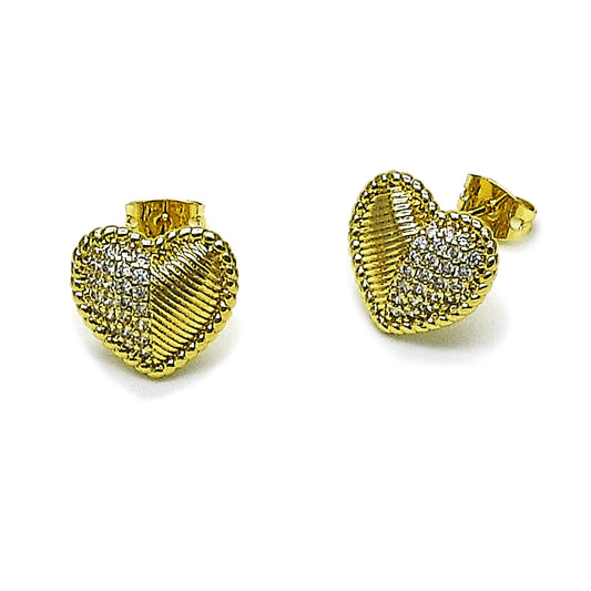 Oro Laminado Stud Earring, Gold Filled Style Heart Design, with White Cubic Zirconia, Polished, Golden Finish