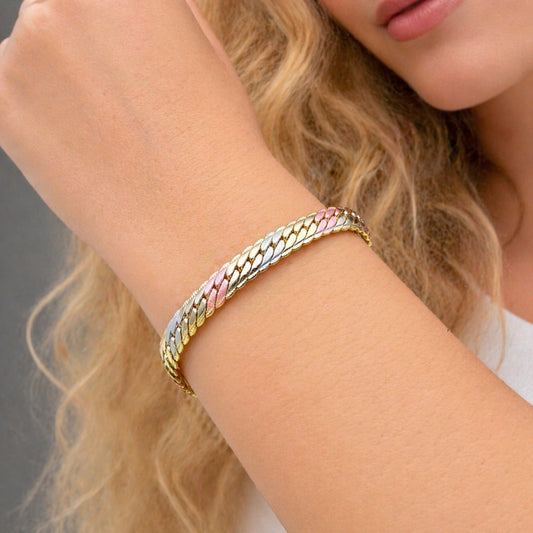 Oro Laminado Basic Bracelet, Gold Filled Style Curb Design, Polished, Tricolor