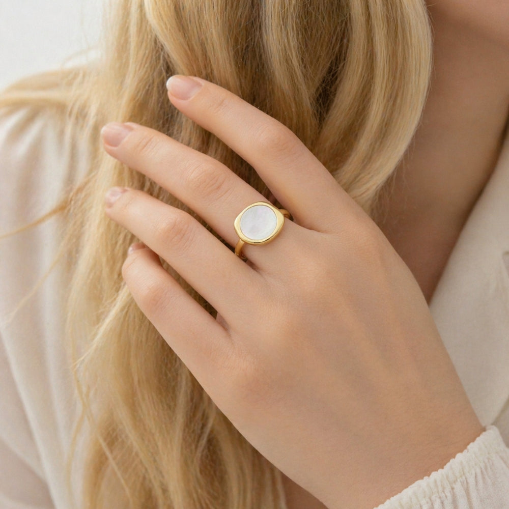 Oro Laminado Multi Stone Ring, Gold Filled Style with Ivory Mother of Pearl, Polished, Golden Finish