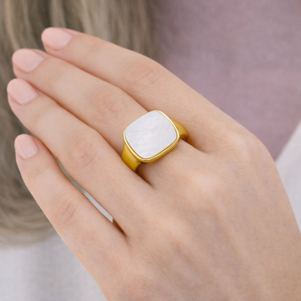 Oro Laminado Multi Stone Ring, Gold Filled Style with Ivory Mother of Pearl, Polished, Golden Finish