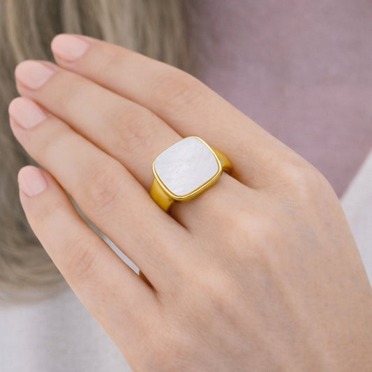 Oro Laminado Multi Stone Ring, Gold Filled Style with Ivory Mother of Pearl, Polished, Golden Finish