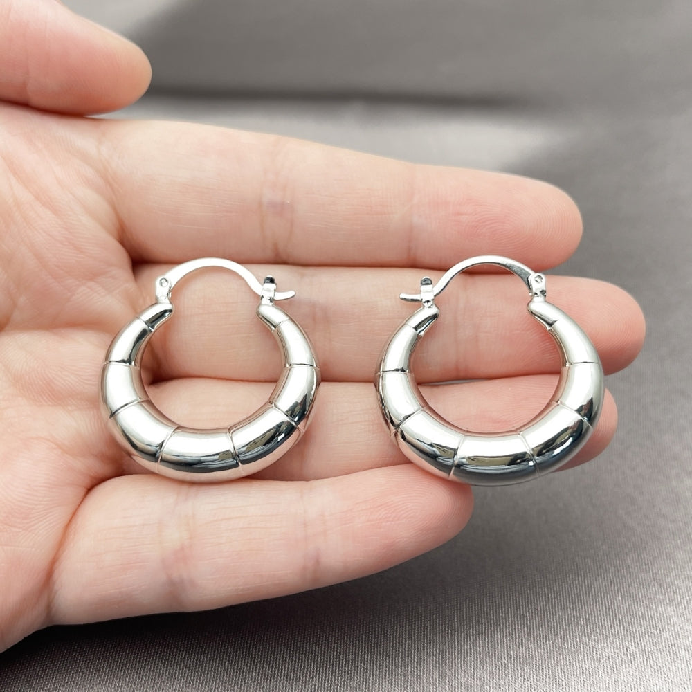 White Gold Filled Medium Hoop, Hollow Design, Polished, Rhodium Finish