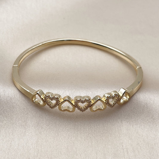 Oro Laminado Individual Bangle, Gold Filled Style Heart Design, with White Micro Pave, Polished, Golden Finish