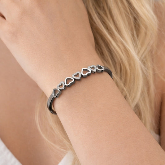 Rhodium Gold Filled Individual Bangle, Heart Design, with White Micro Pave, Polished, Rhodium Finish