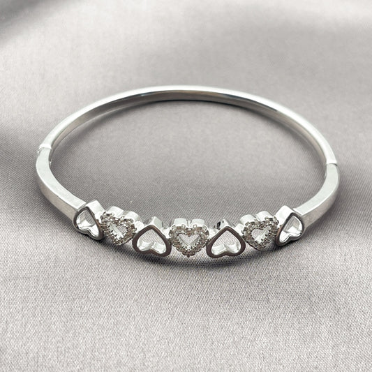 Rhodium Gold Filled Individual Bangle, Heart Design, with White Micro Pave, Polished, Rhodium Finish
