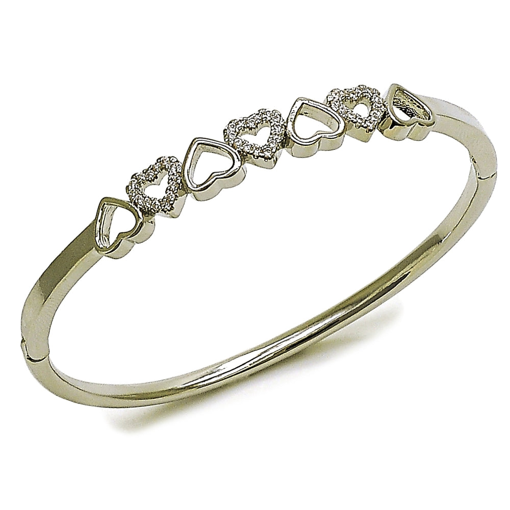 Rhodium Gold Filled Individual Bangle, Heart Design, with White Micro Pave, Polished, Rhodium Finish