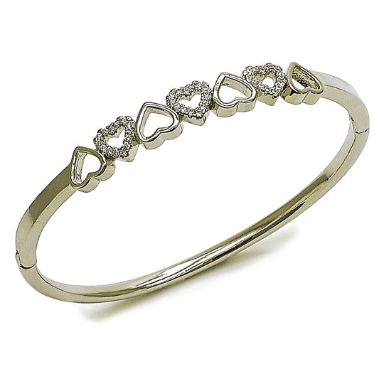 Rhodium Gold Filled Individual Bangle, Heart Design, with White Micro Pave, Polished, Rhodium Finish