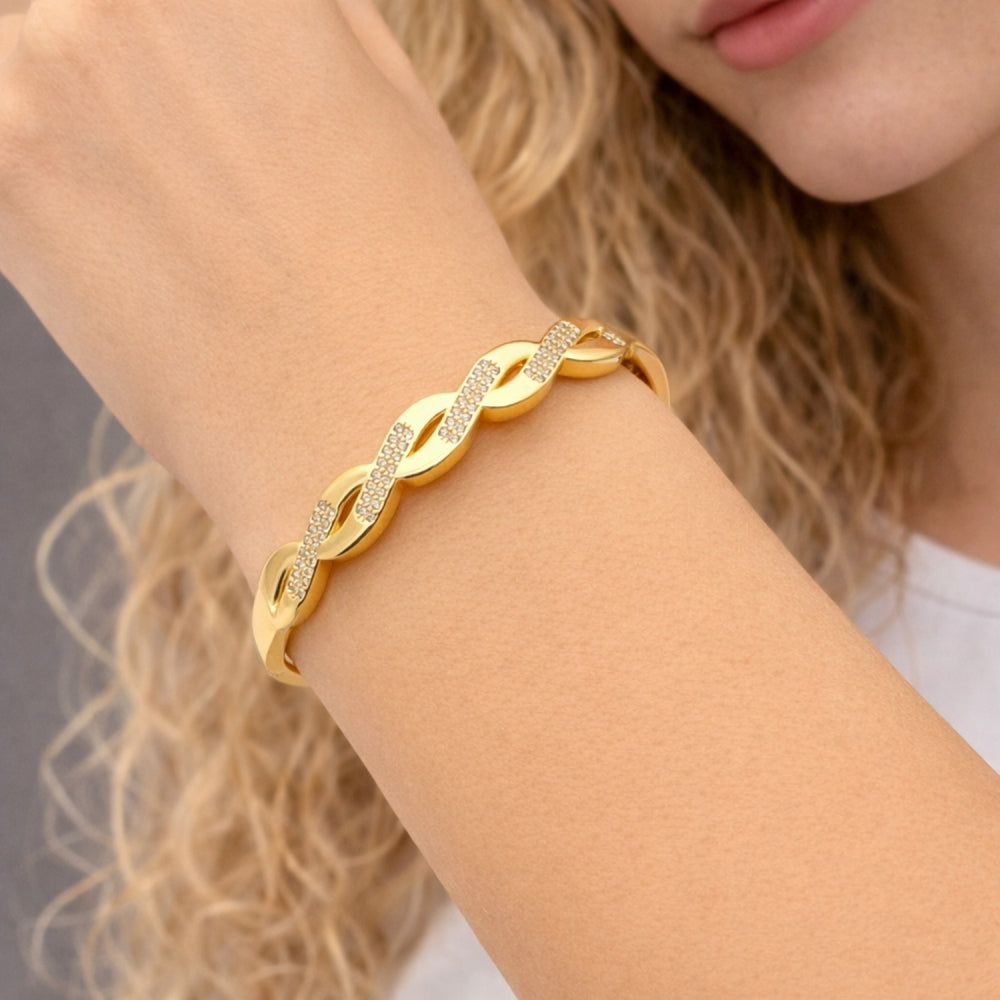 Oro Laminado Individual Bangle, Gold Filled Style Twist Design, with White Cubic Zirconia, Polished, Golden Finish